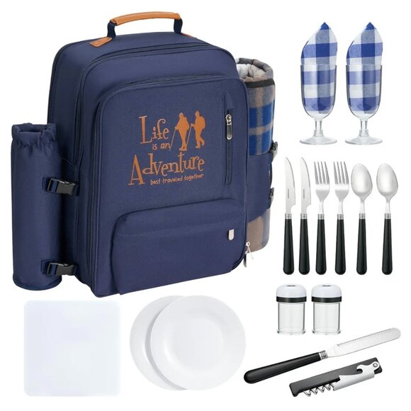Picnic Backpack for 2 |Picnic Basket |Stylish All-in-One Picnic Bag- insulated - Picture 2 of 16